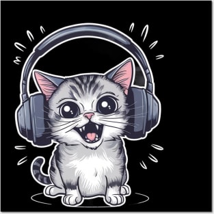 cat with headphones Posters and Art